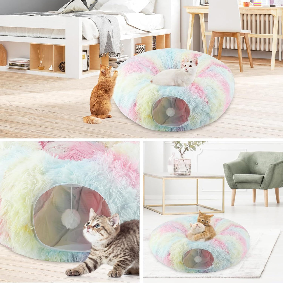 Christmas Tree Cat Tunnel Bed with Middle Mat, Cat Donut Tunnel