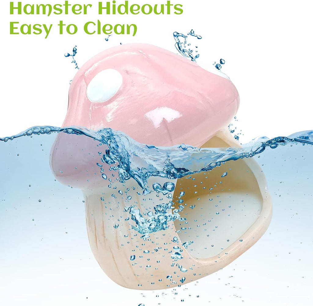 BNOSDM Ceramic Hamster Hideout and Food Bowl Set Cute Mushroom Shape Hamster House and Habitat Cool Hamsters Hide Suitable for Syrian, Mice, Dwarf Hamsters, Gerbils (Pink)