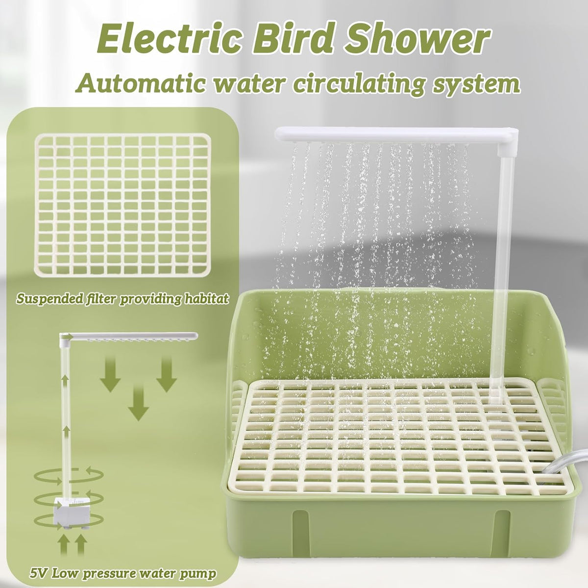 Automatic Bird Bath Fountain, USB Powered Bathtub for Parrots