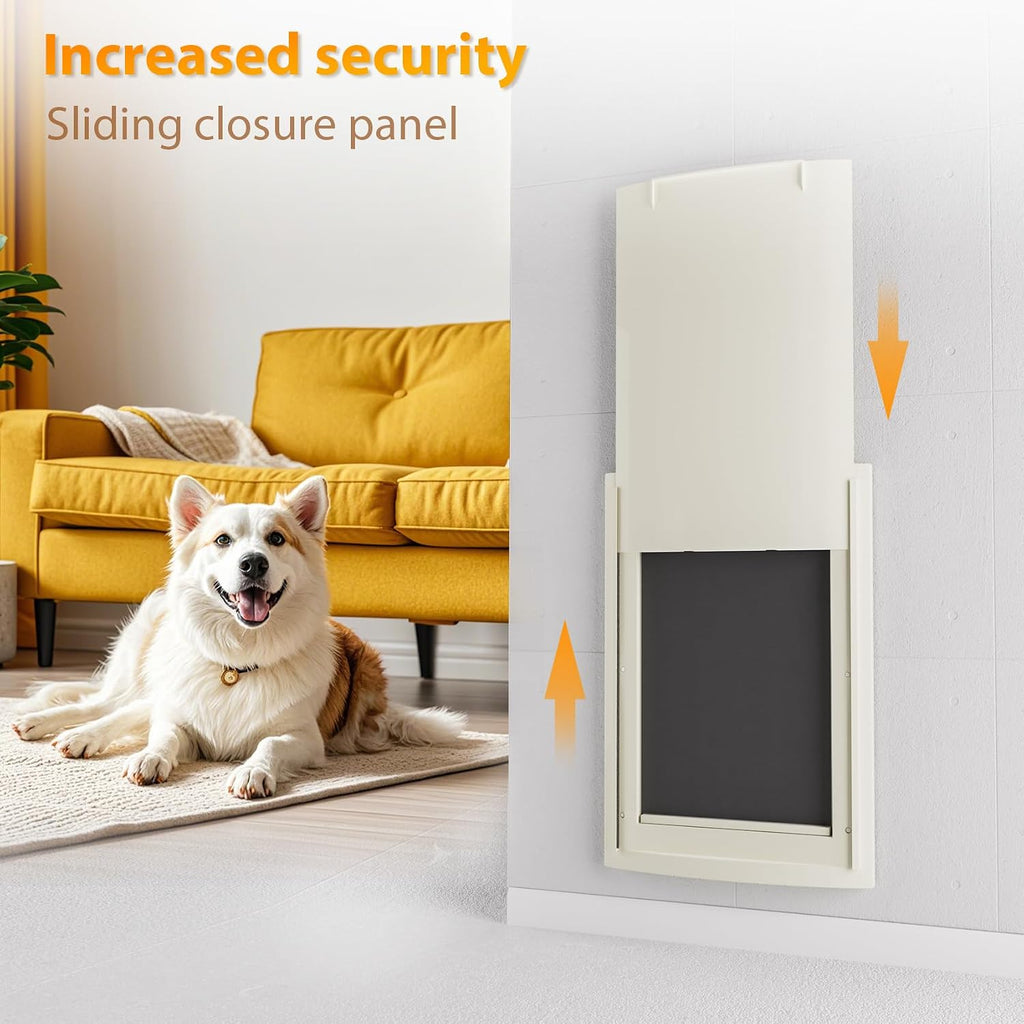 mestyl Dog Door for Wall, Pet Door, Doggie Door with Adjustable Tunnel, Double Magnetic Flaps and Sliding Lock Panels, 3-Flap Dog Door and Cat Door, Easy to Install, White, Large