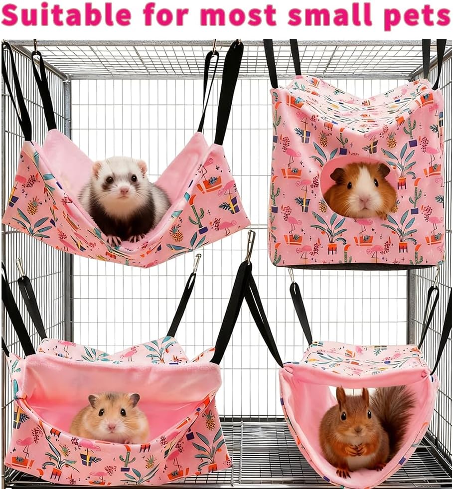 4 Pack Ferret Hammock Set, Hanging Soft Small Animal Hammocks with Hideout,Tunnel and Double Layer,Cage Accessories for Ferret,Rats,Sugar Glider,Squirrel (Pink)