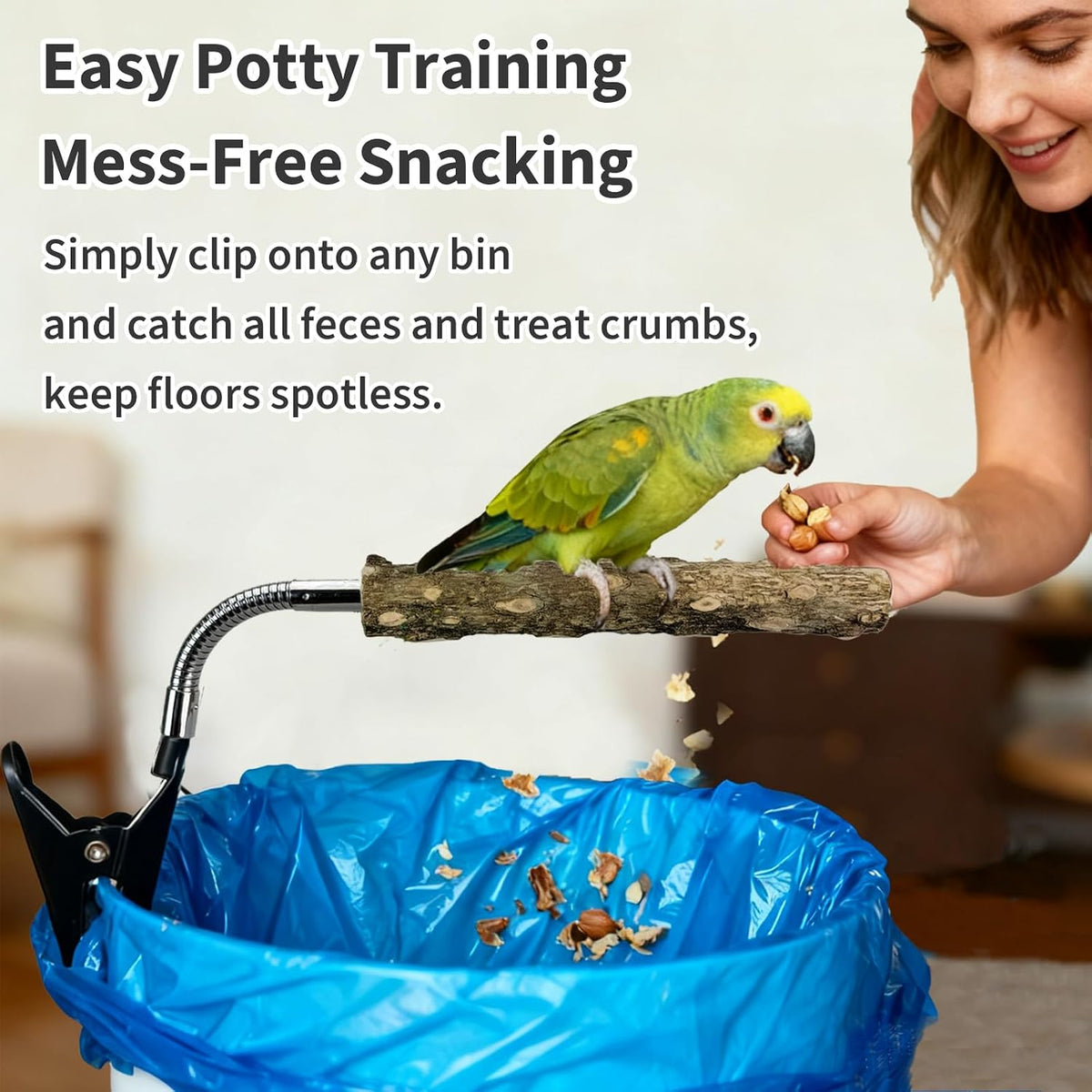 Bird Perch Stand for Trash Can, Adjustable & Portable Parrot Stand, Bendable Bird Training Perch for Cockatiels, Conures, Lovebirds and Medium & Small Parrots