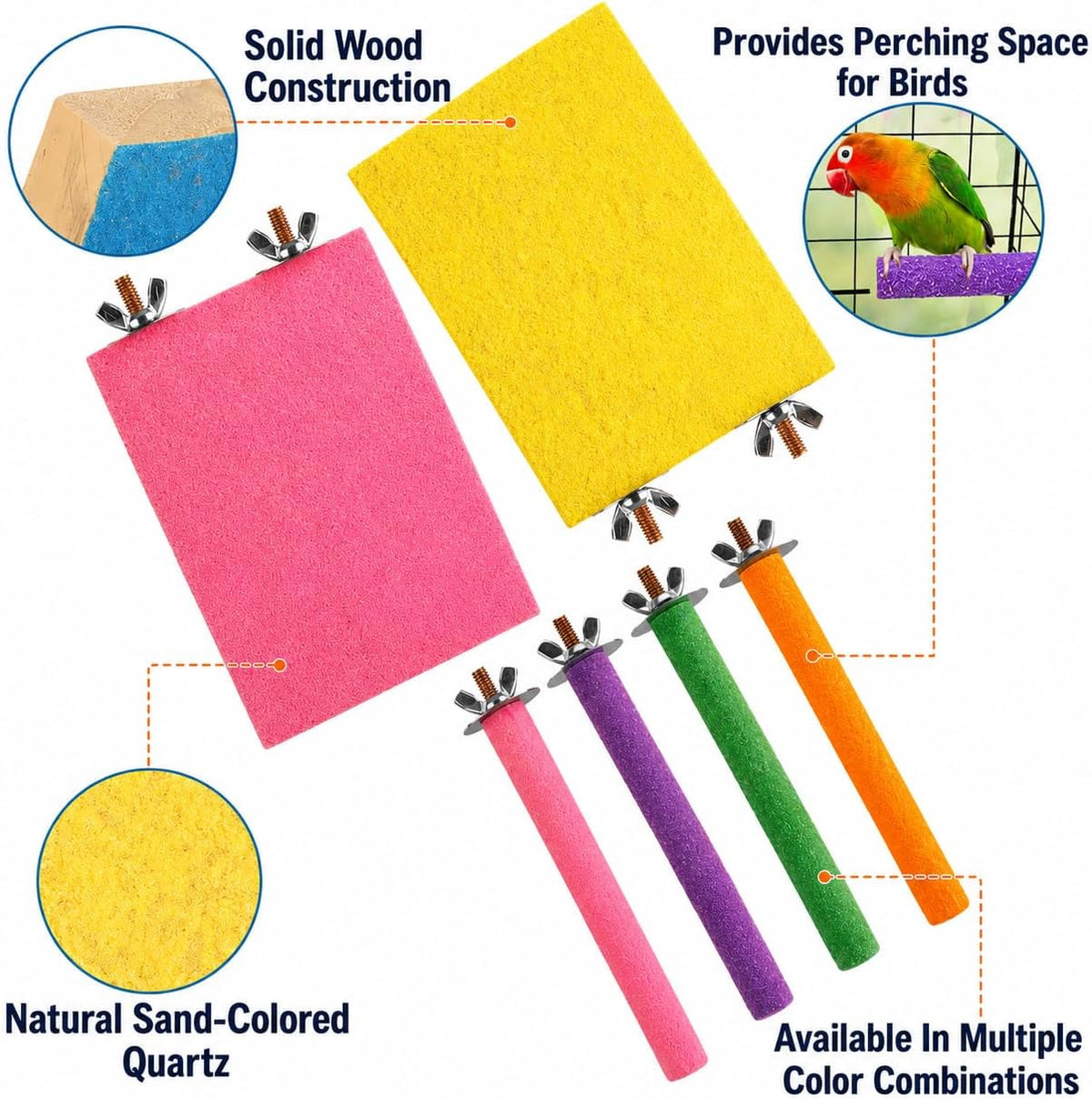 ASelected 14 PCS Bird Perch, Bird Cage Accessories Including Wood Parrot Stand Platform and Birds Nail Trimming Sticks, Colorful Parakeet Toys for Budgies, Parakeet, Cockatiel