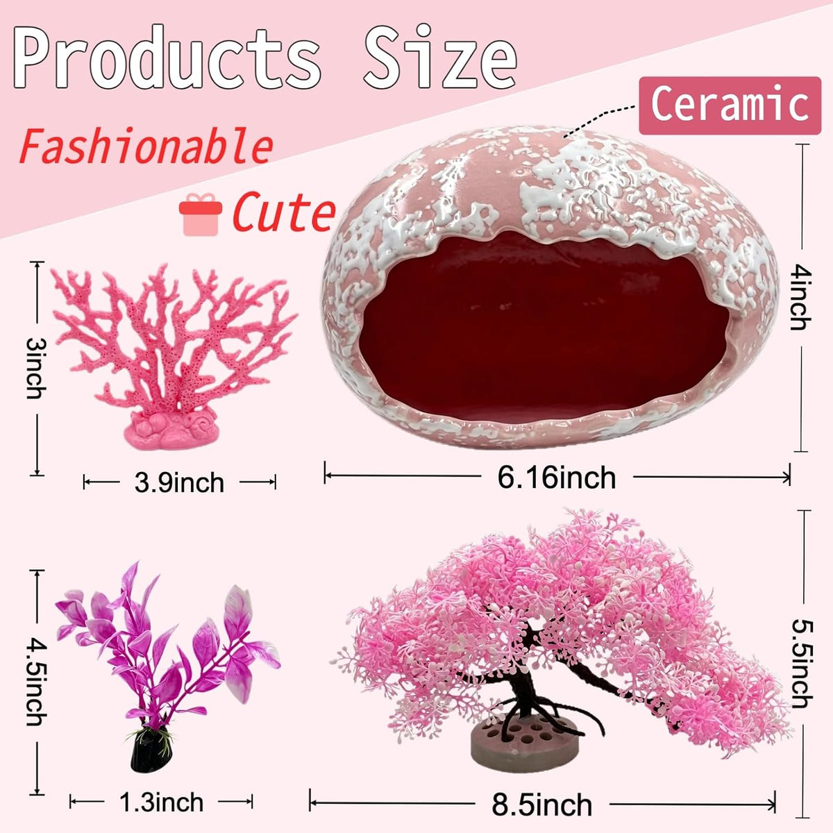 Axolotls Hide for Aquarium with Silk Plants for Tank Decor,Ceramic Aquarium Cave for Axolotls (Large, Pink)