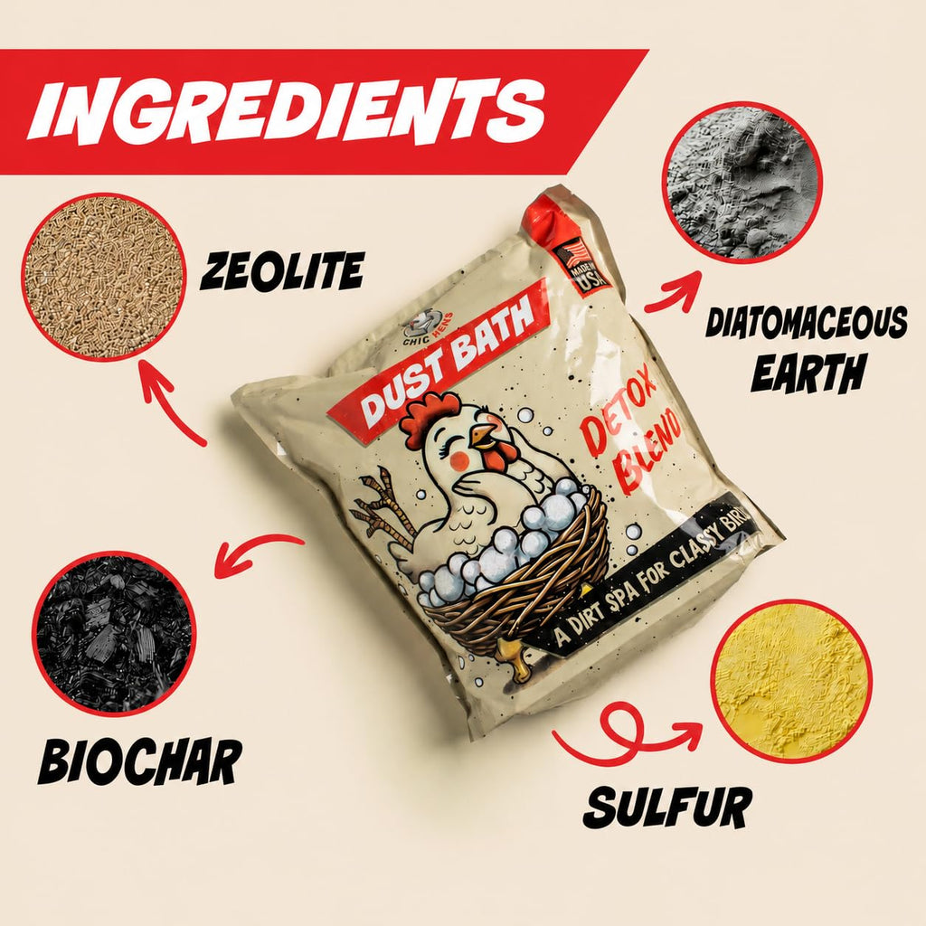 4lbs Chic Hens Chicken Dust Bath, Natural 4-Ingredient Blend for Chickens, Dust Bath Powder with Diatomaceous Earth, Biochar, Zeolite & Sulfur, Made in USA