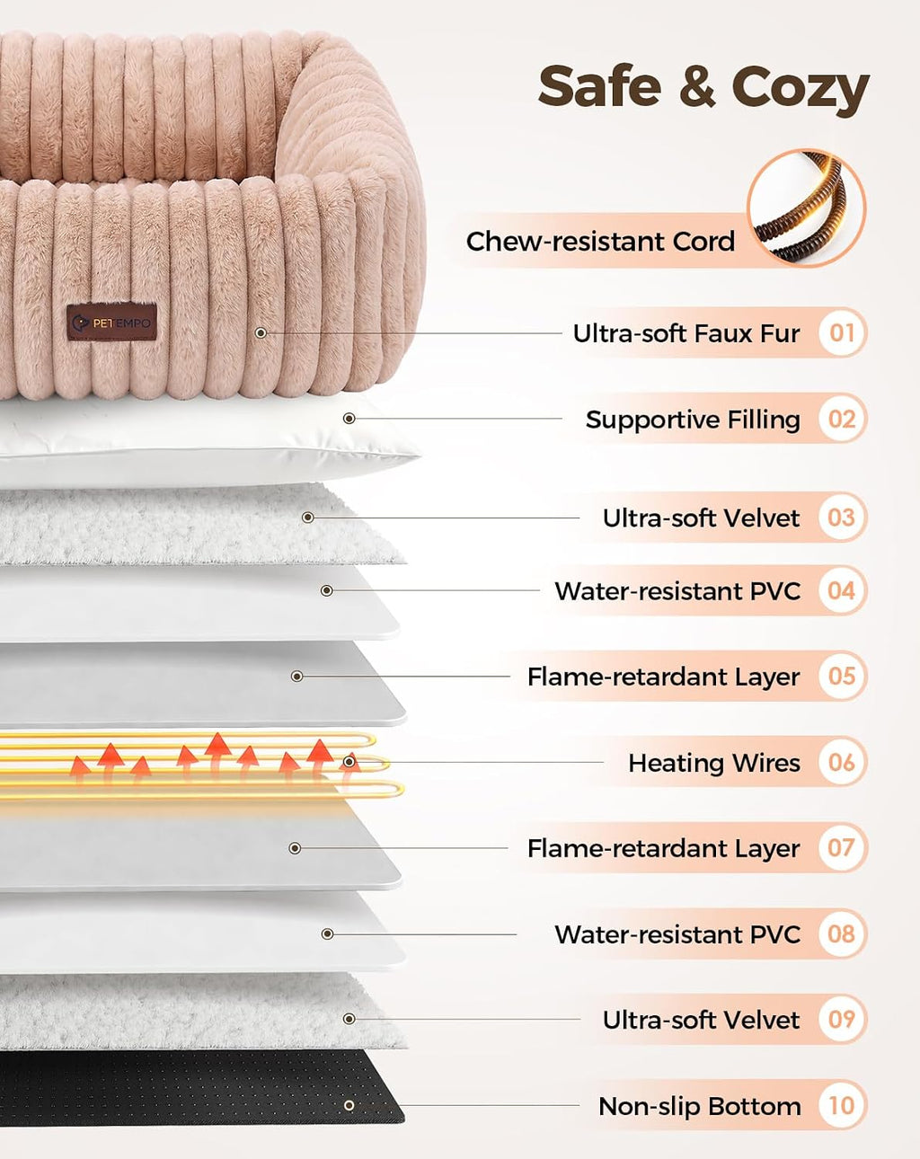 Heated Cat Bed Indoor, 6 Temp & 6 Timer, Removable Washable Cover, Brown, S