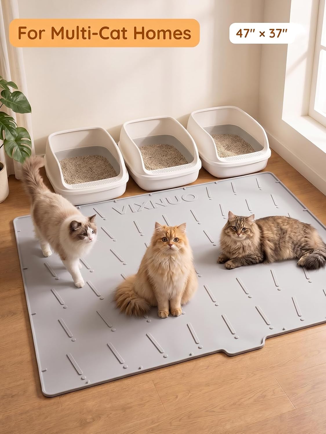 Silicone Cat Litter Mat Large 47"x37", Traps Litte&Easy to Clean，Gray