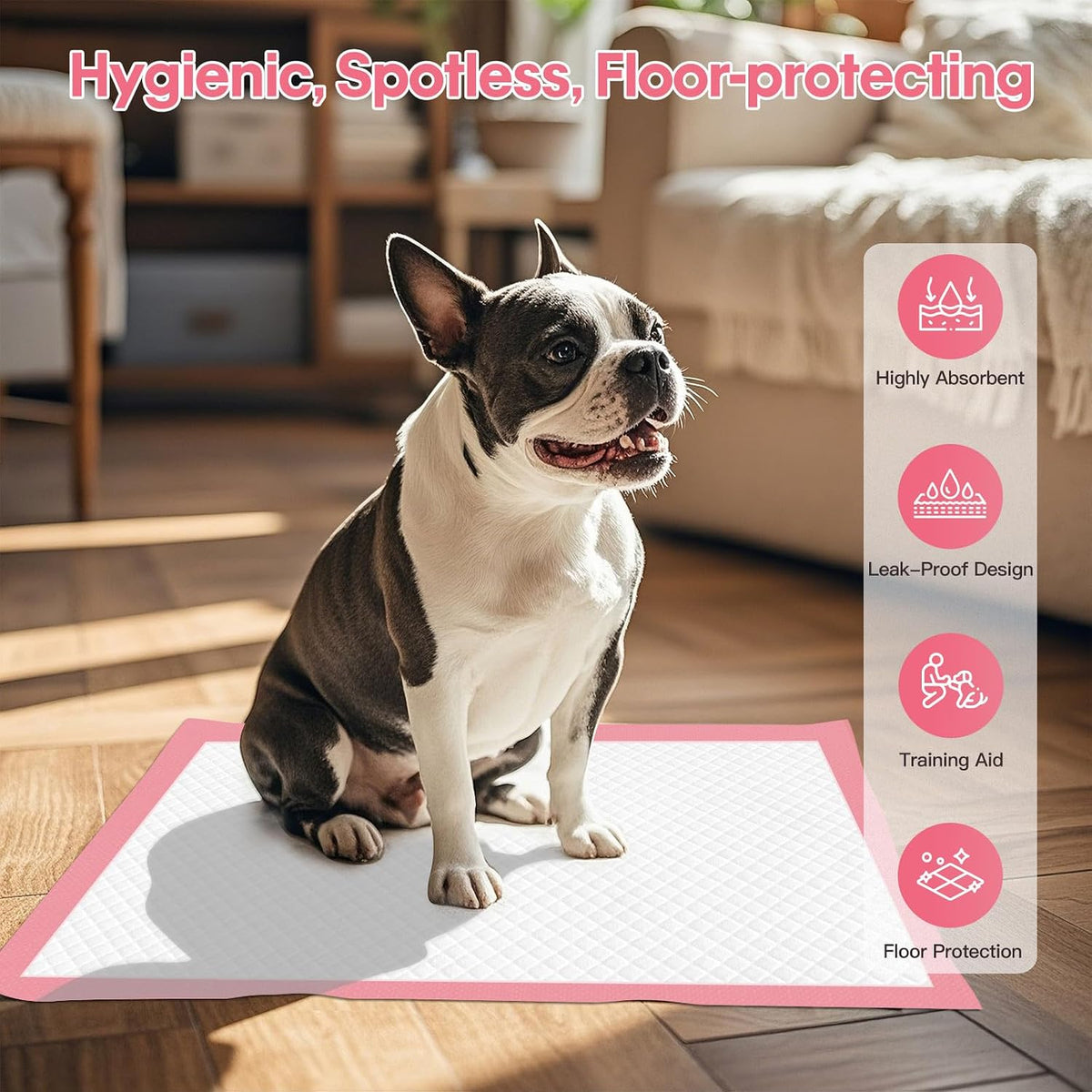 BinetGo Pink Disposable Pee Pads for Dogs, 50 Count 18” x 24” Medium Wee Wee Pads for Urine, Extra Absorbent Unscented Puppy Pads, Pet Training Pads for Dogs, Pink Doggy Pee Pads for Indoors