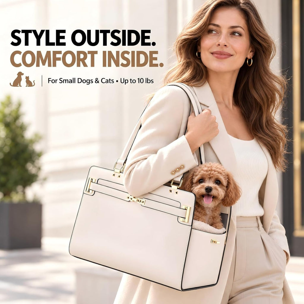 Dog Purse Carrier for Small Dogs, Stylish Foldable Pet Carrier Purse Tote Bag with Washable Cushion & Safety Leash, Airline Approved Puppy Travel Bag with Pockets (White)