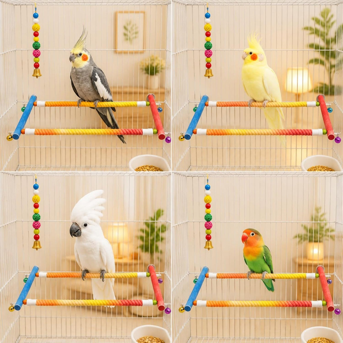 Bird Rope Perch for Cage, Climbing Perch with Bells, Long Activity Stand for Cockatiels, Conures, Parakeets and Budgies, Bird Cage Accessories for Climbing, Standing and Playing