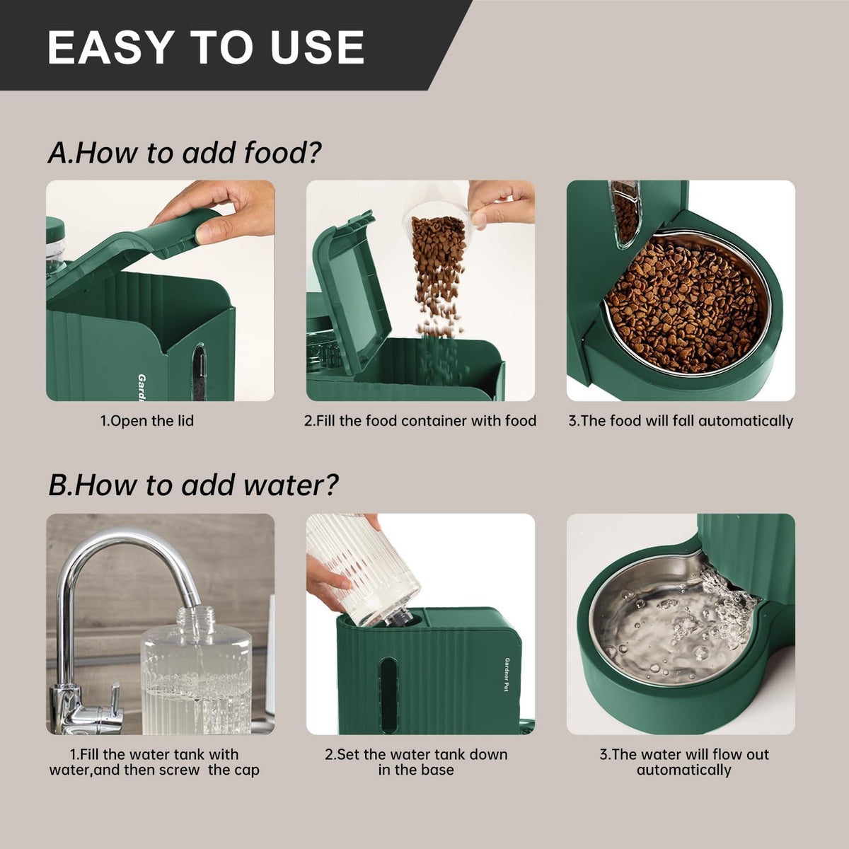 Gravity Automatic Cat Feeder, Water & Food Dispenser Set, Stainless Bowls