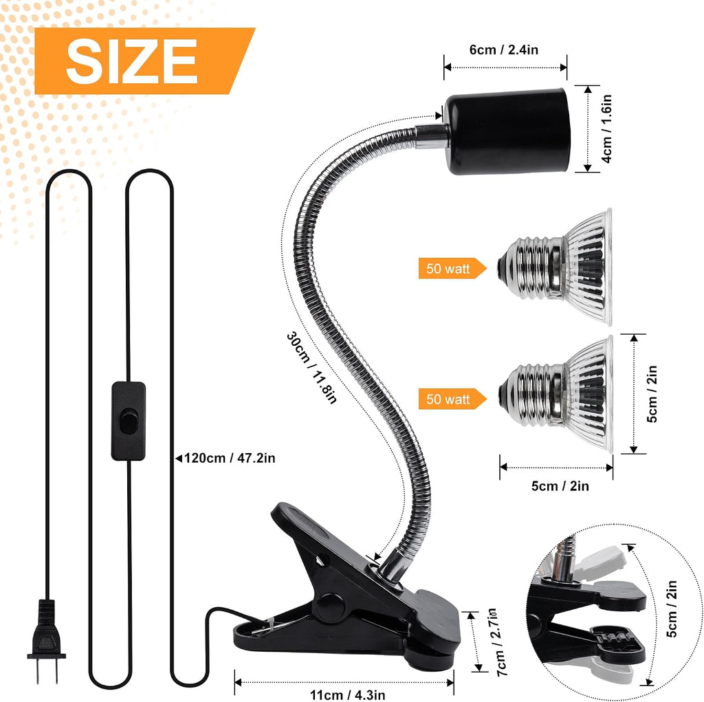 Reptile Heat Lamp, UVA UVB Turtle Basking Light with 50W Heating Lightbulb and 360° Rotatable Clip, UV Heatlamp for Turtle Tank, Tortoise, Lizard, Reptiles, Terrarium, Snake, Gecko, Spiders