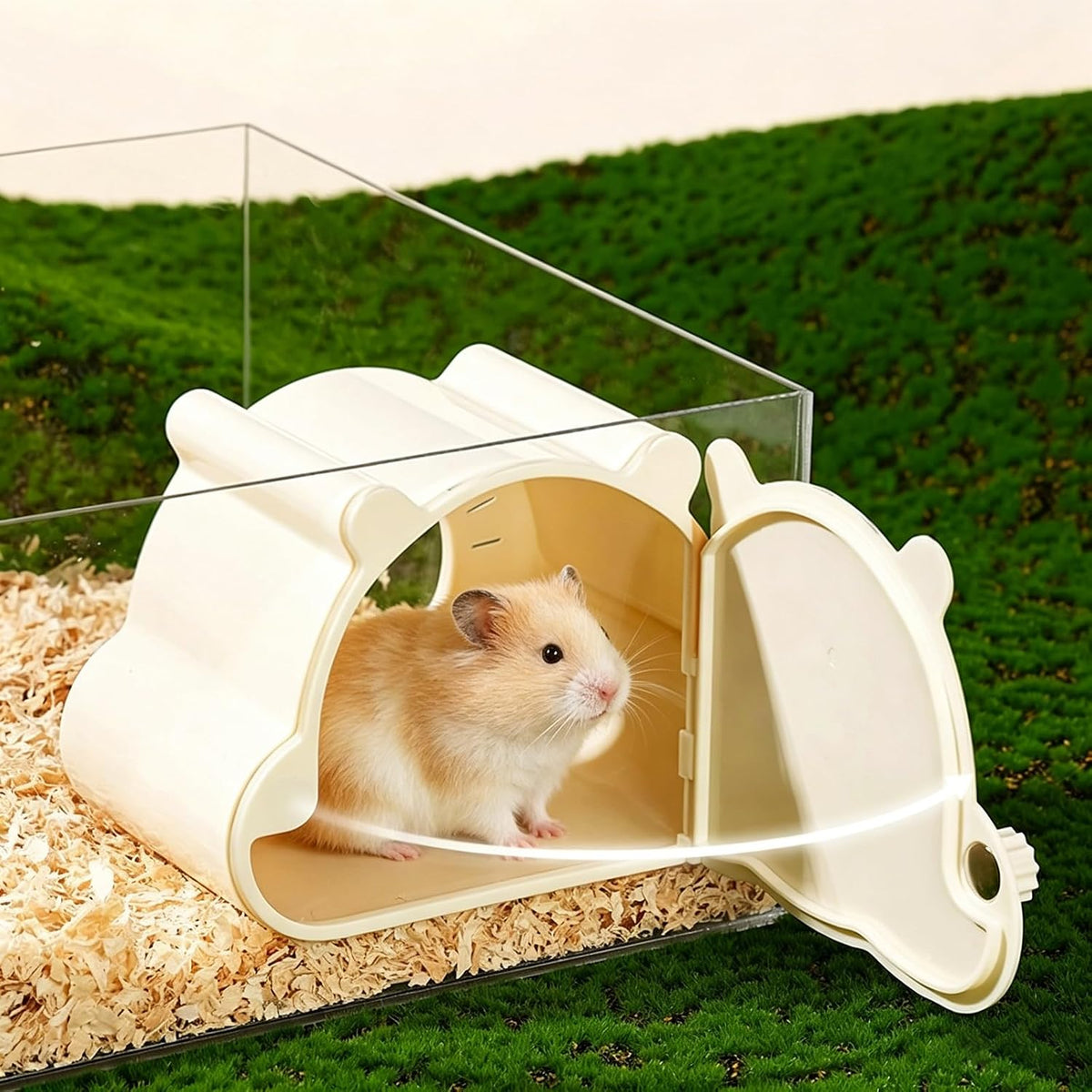 Magnetic Hamster Hideout with Clear Viewing Lid, Mount Hamster House for Syrian Hamsters, Dwarf Hamsters, Gerbils, Mice, Small Animal Hideaway Hut for Acrylic & Wire Cages,Tan Bear4319-1