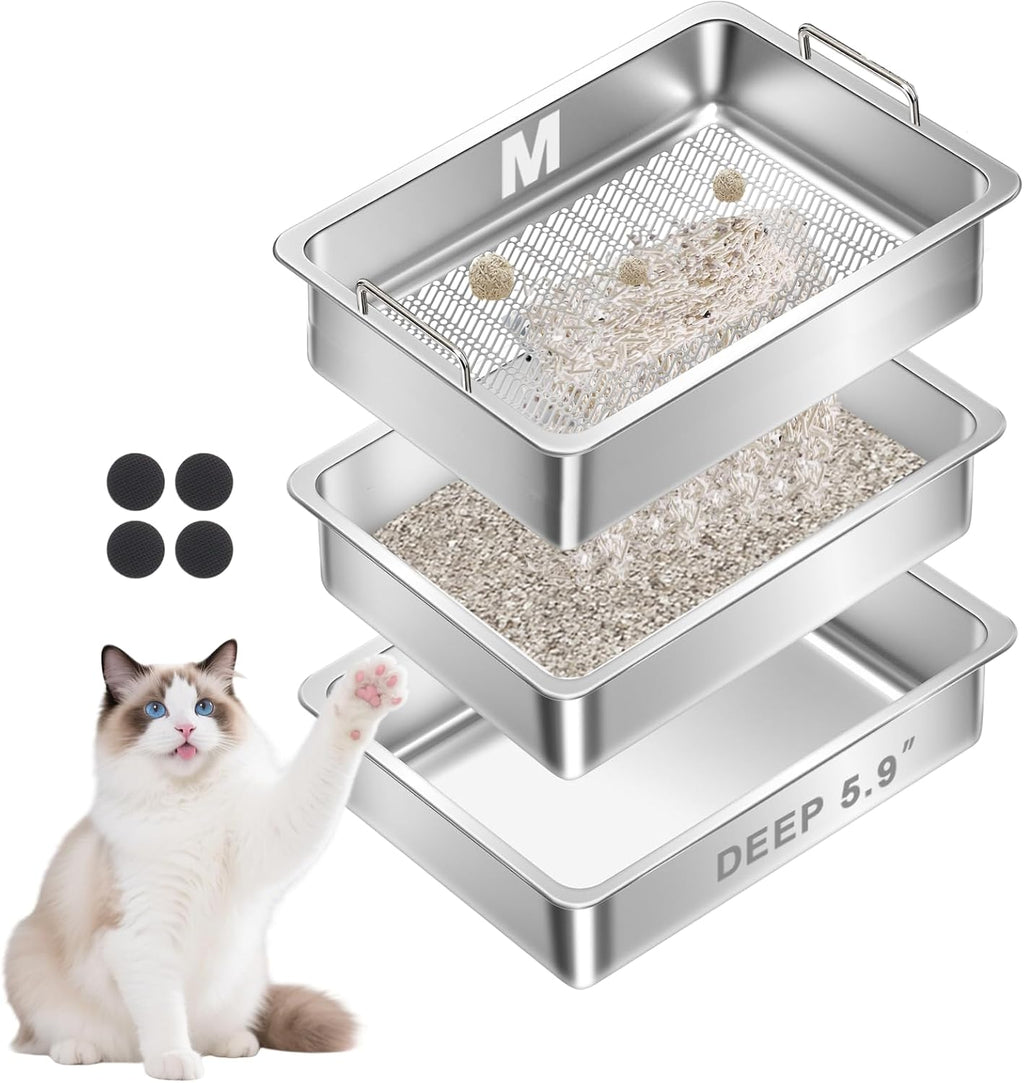 Stainless Steel Sifting Cat Litter Box for Clumping Clay Litter with High-Speed Sifting System, Large Metal Litter Box with 2 Replaceable Bottom Pans, Odor Control，Easy Clean(17.7” x 13.7” x 5.9”)