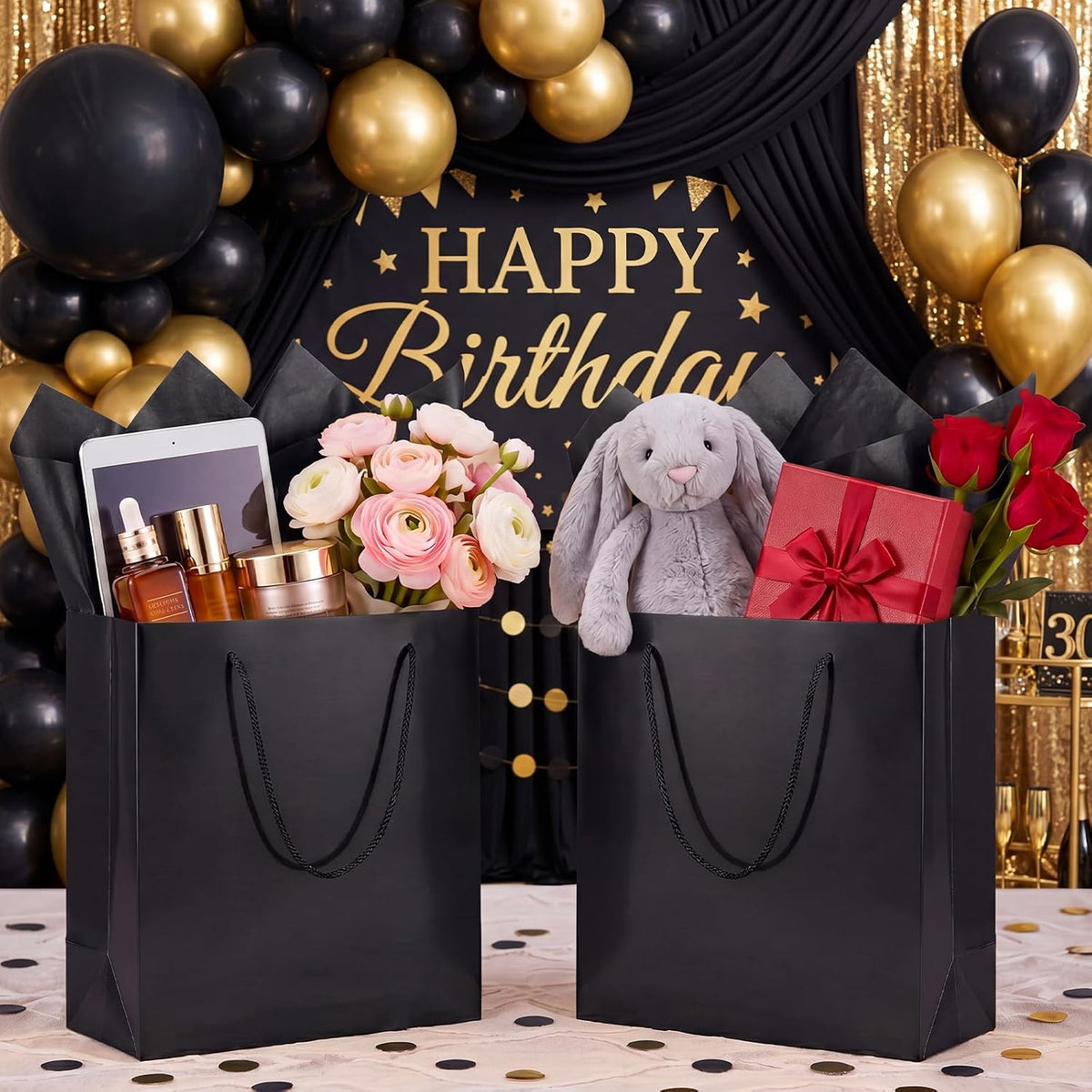12 Pack Black Gift Bags with Tissue Paper, Metallic Finish, Rope Handles