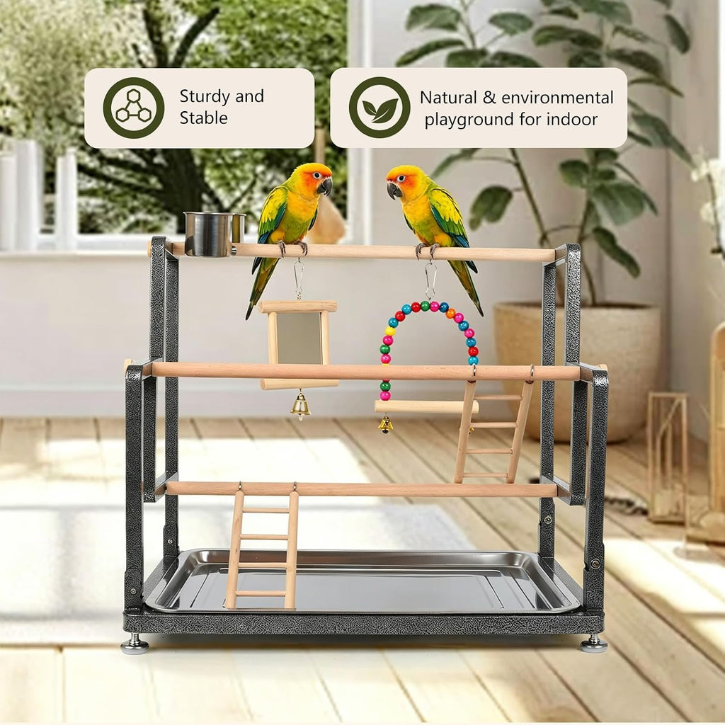 Bird Playground for Indoor Use, Table Collapsible Bird Playstand for Top of Cage, Mirrow Swing Cups 2 Ladders for Small to Medium Size of Cockatiel Parakeet Conure (Wood Ladder)