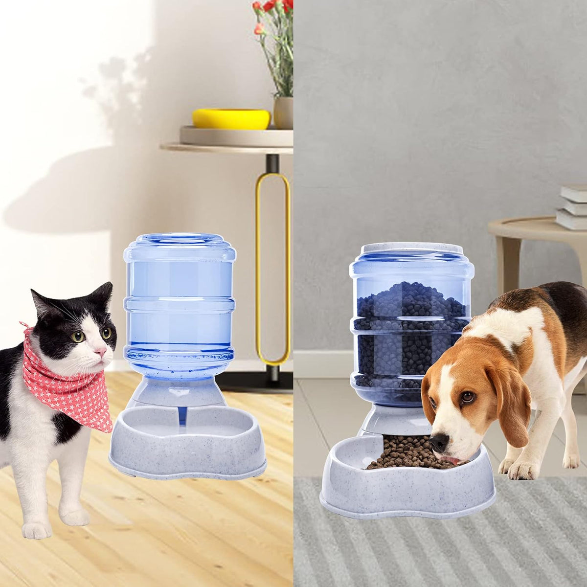 Pet Feeder and Water Food Dispenser Automatic Water Bowl for Dogs Cats, BPA-Free, Gravity Refill, Self Feeding for Small Medium Pets Puppy Kitten Rabbit - 1 Gallon 3.8L (Waterer + Feeder)