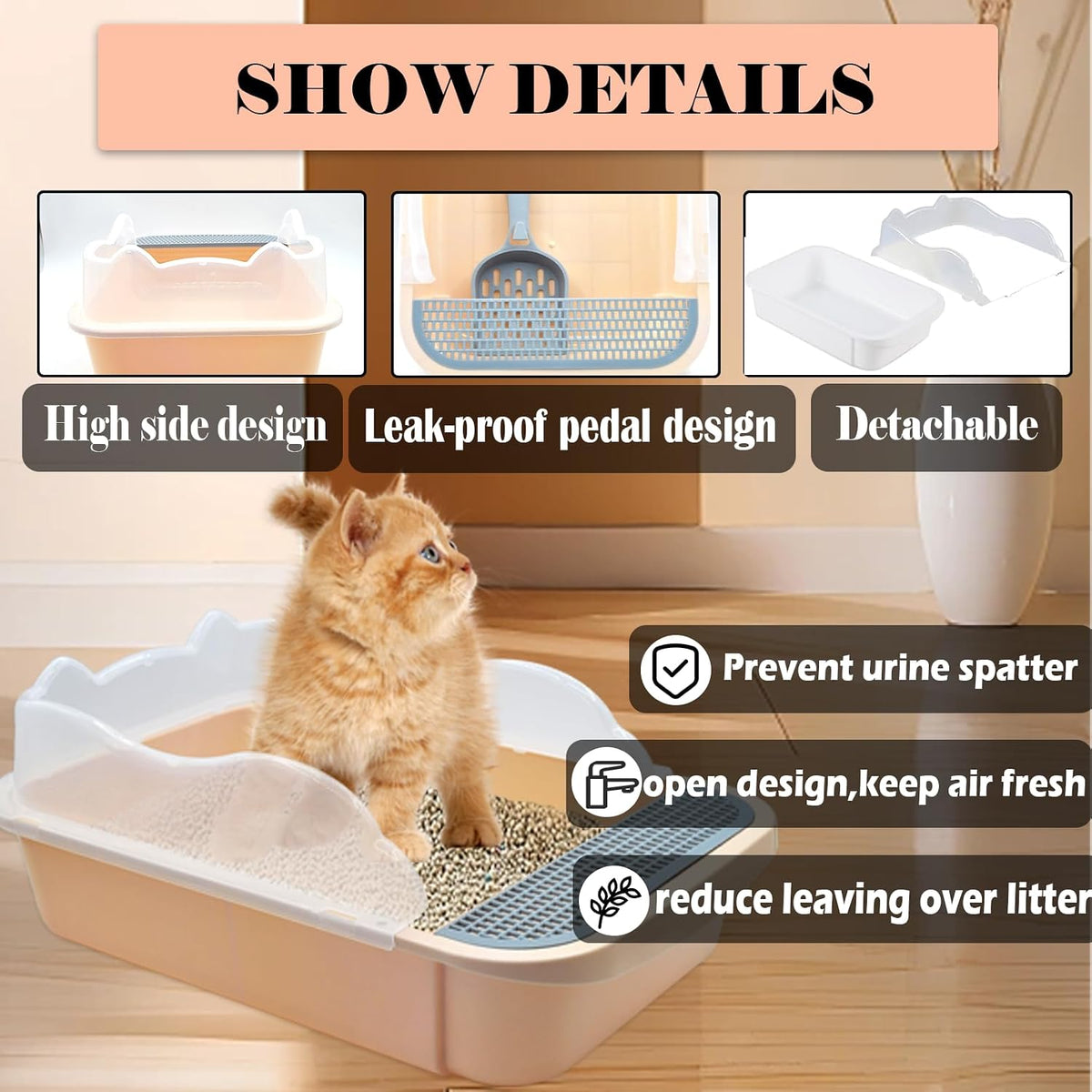 Open Cat Litter Box with High Side,Anti-Splashing Cats Litter Pan Semi-Enclosed Removable Cats Litter Boxes with Litter Sifting Scoop Open Top Kitty Toilet for Easy to Clean(Khaki)