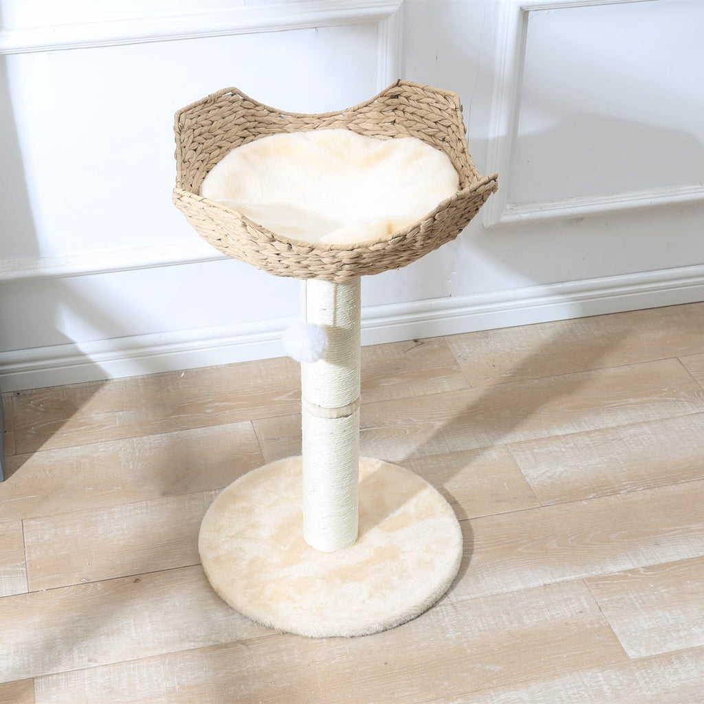 SHENGOCASE Small Cat Tree Tower with Large 17.7" Rattan Wicker Basket, Handwoven Nest Basket Bed, Window Perch for Large Cats up to 25LBS