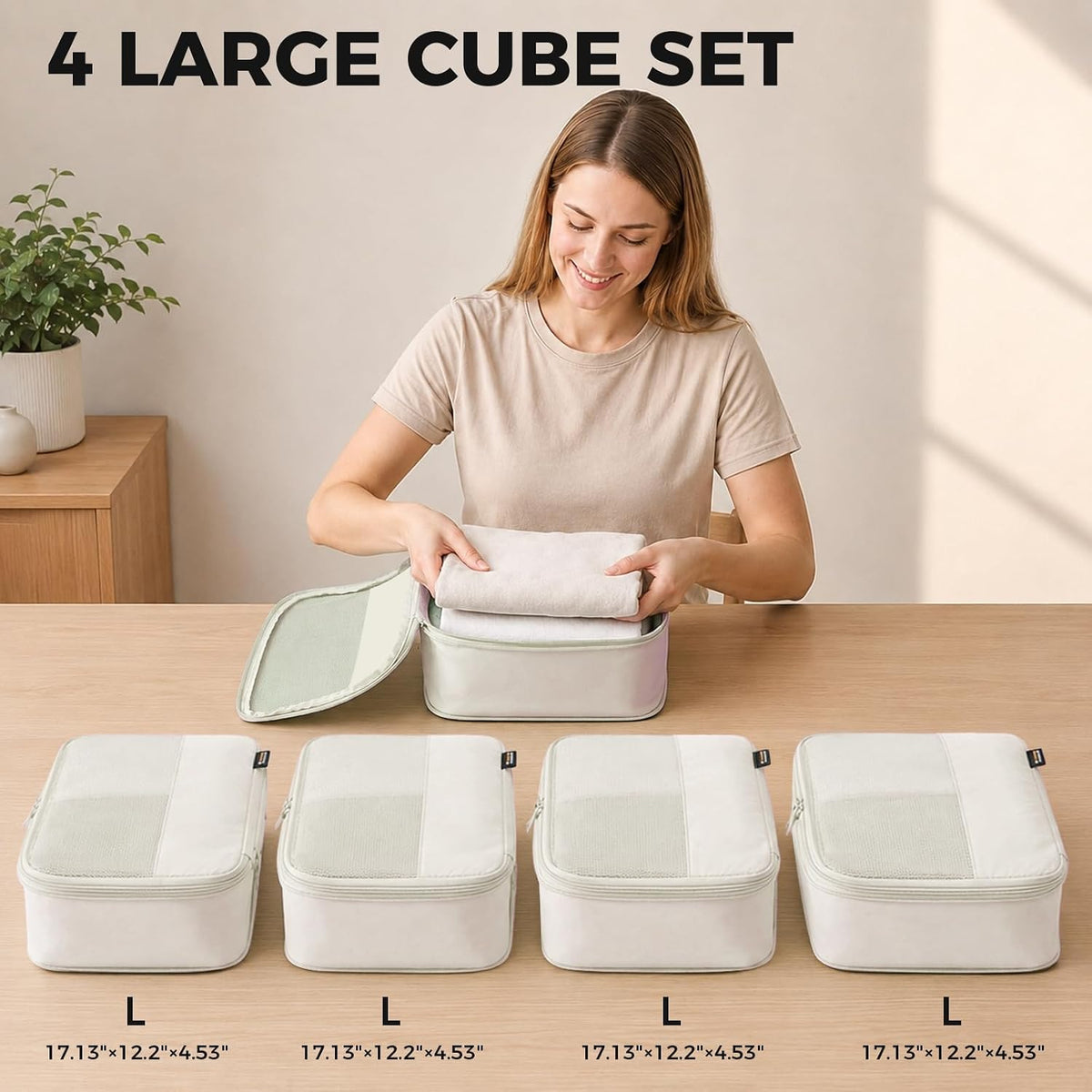 4 Large Compression Packing Cubes for 7–14 Day Travel, Off White