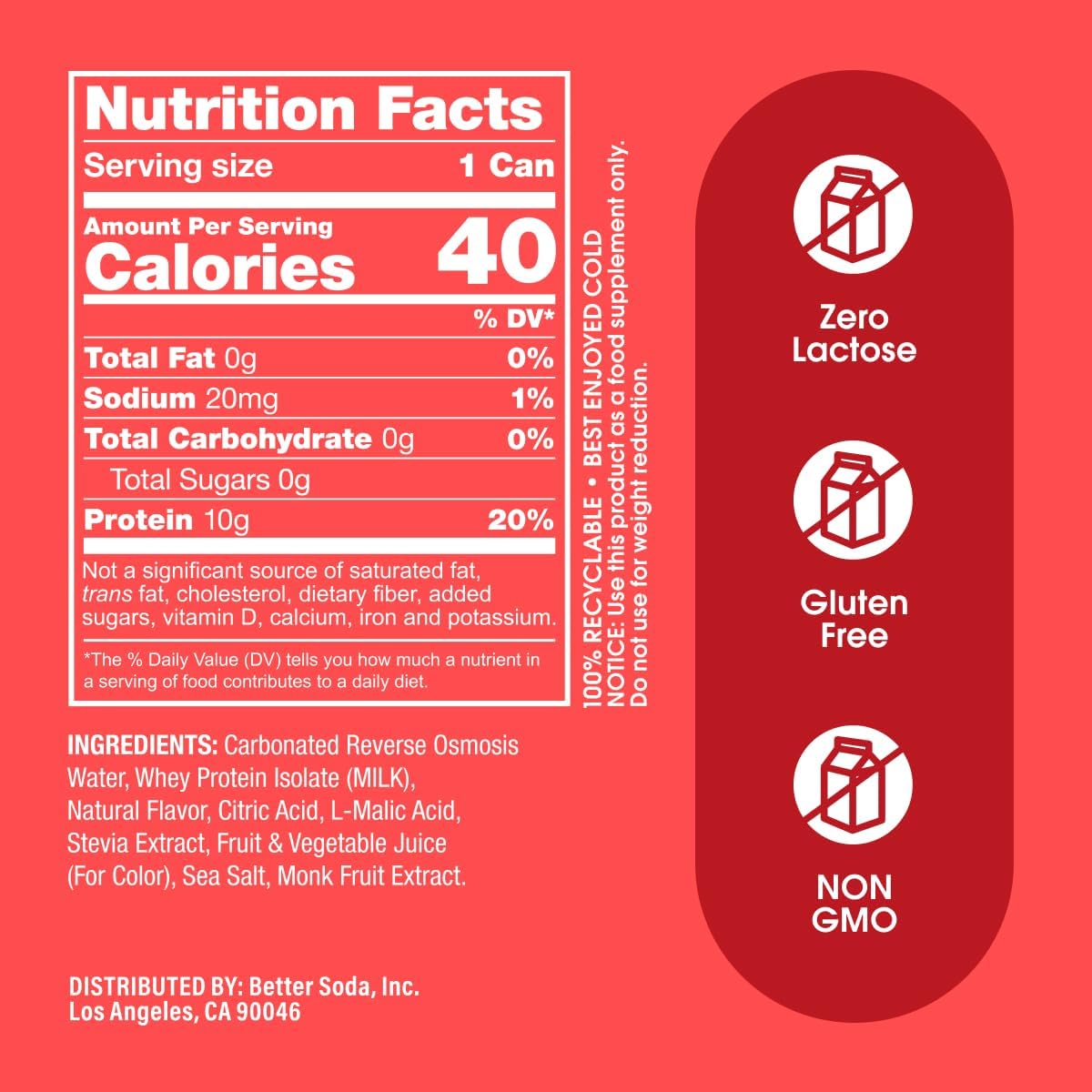 Proda Protein Soda, 10g Whey Protein, Zero Sugar, Shirley Temple, 12-Pack