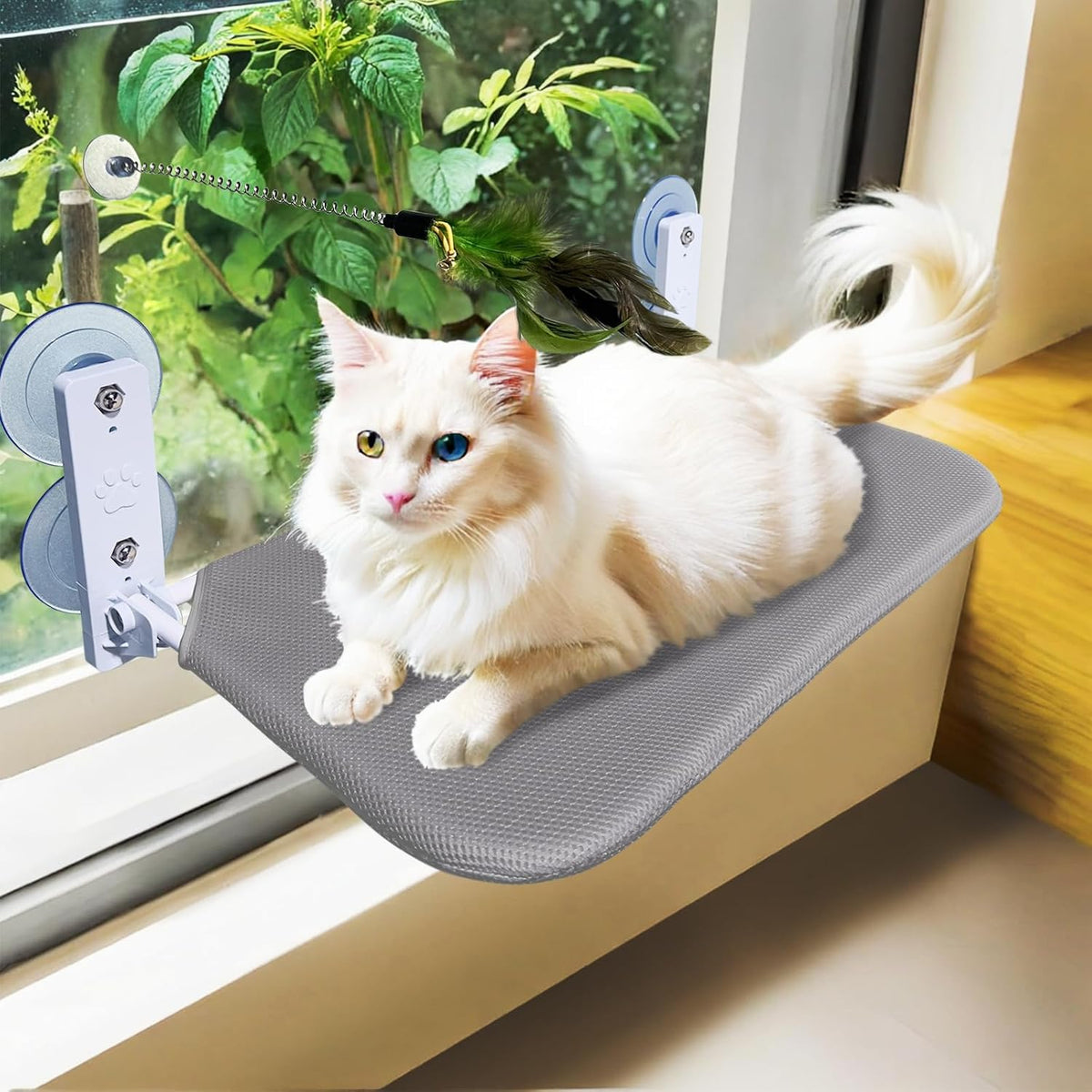 Cat Window Perch Seat Hammock, Foldable Hammock with 4 Strong Suction Cups, Easy to Assemble and Cat Wand,Cream
