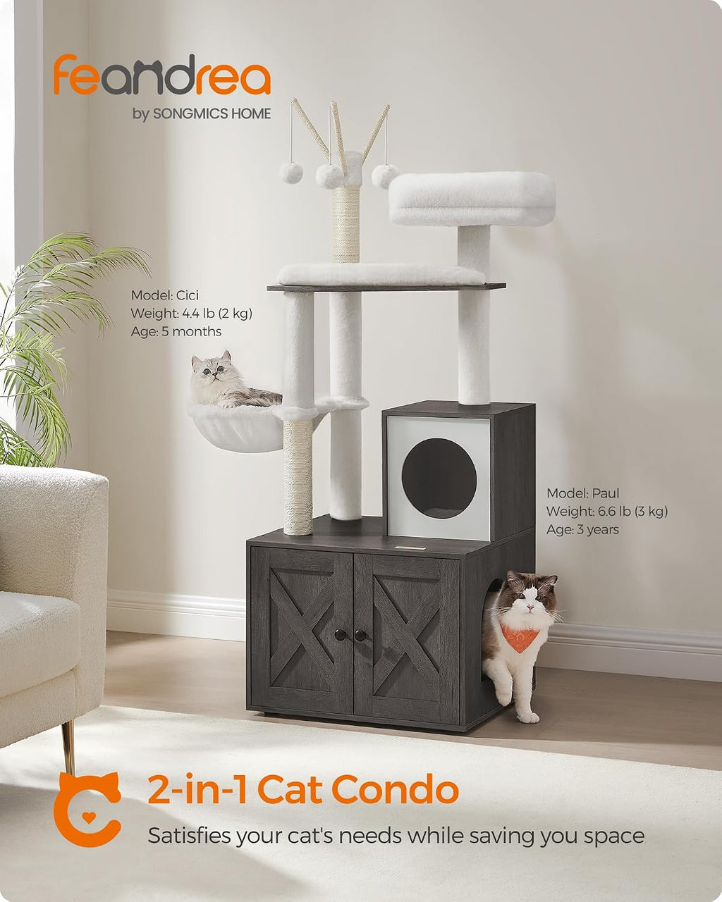 Feandrea Cat Tree with Litter Box Enclosure, 59-Inch, 2-in-1 Condo