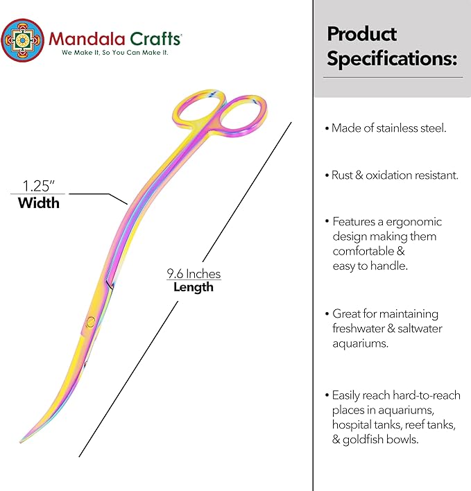 Mandala Crafts Rainbow Stainless Steel Curved Aquarium Scissors - Image 3