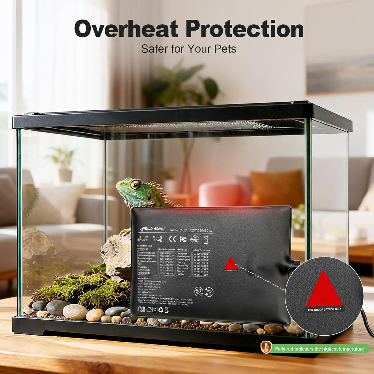Reptile Heating Pad with Internal Sensor&Thermostat, 8" x 18" 24W Under Tank Heater Mat for 10-40 Gallon Tanks, IP67 Waterproof Safe Heat for Turtles, Bearded Dragons, Snakes, Lizards and Seedling