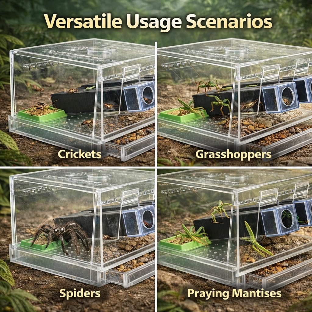 Acrylic Cricket Keeper with Tubes–Reptile Feeding Cricket Keeper with Feces Layer & Ventilated Lid,Transparent Crickets Enclosure for Observation,Feeder Insect Storage,Includes Food/Water Tubes (L)