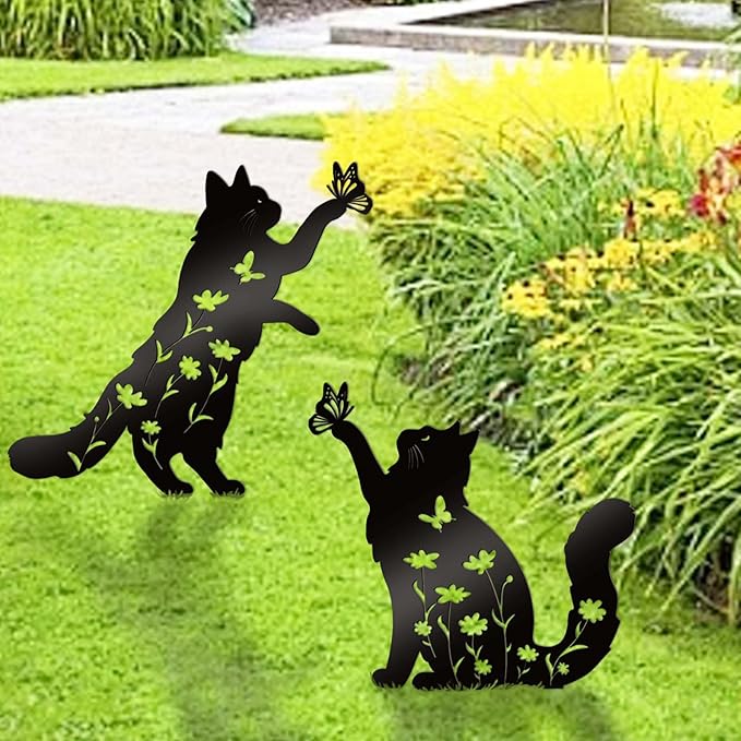 Bnesi Floral Long-Haired Cat Yard Decor Pet Grave Markers Metal Sign Silhouette - Image 2