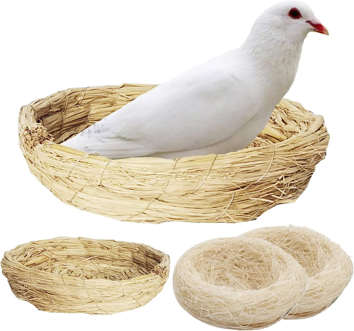 Fhiny Handmade Woven Bird Spawning Nest with Coconut Fiber Liner Flat Base Straw Bird Nest Bed Hatch Roosting for Dove Pigeon Parrot Turtle Quail Macaw Cuckoo Sparrow