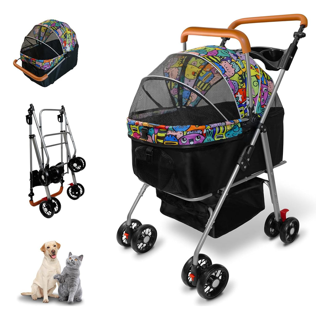 Pet Stroller with Storage Basket and Cup Holder, Folding Dog Jogger, Foldable Cat Stroller, 3 in 1 Puppy Kitten Cart, Pet Jogger for Medium Dog Cat (Magic Black)