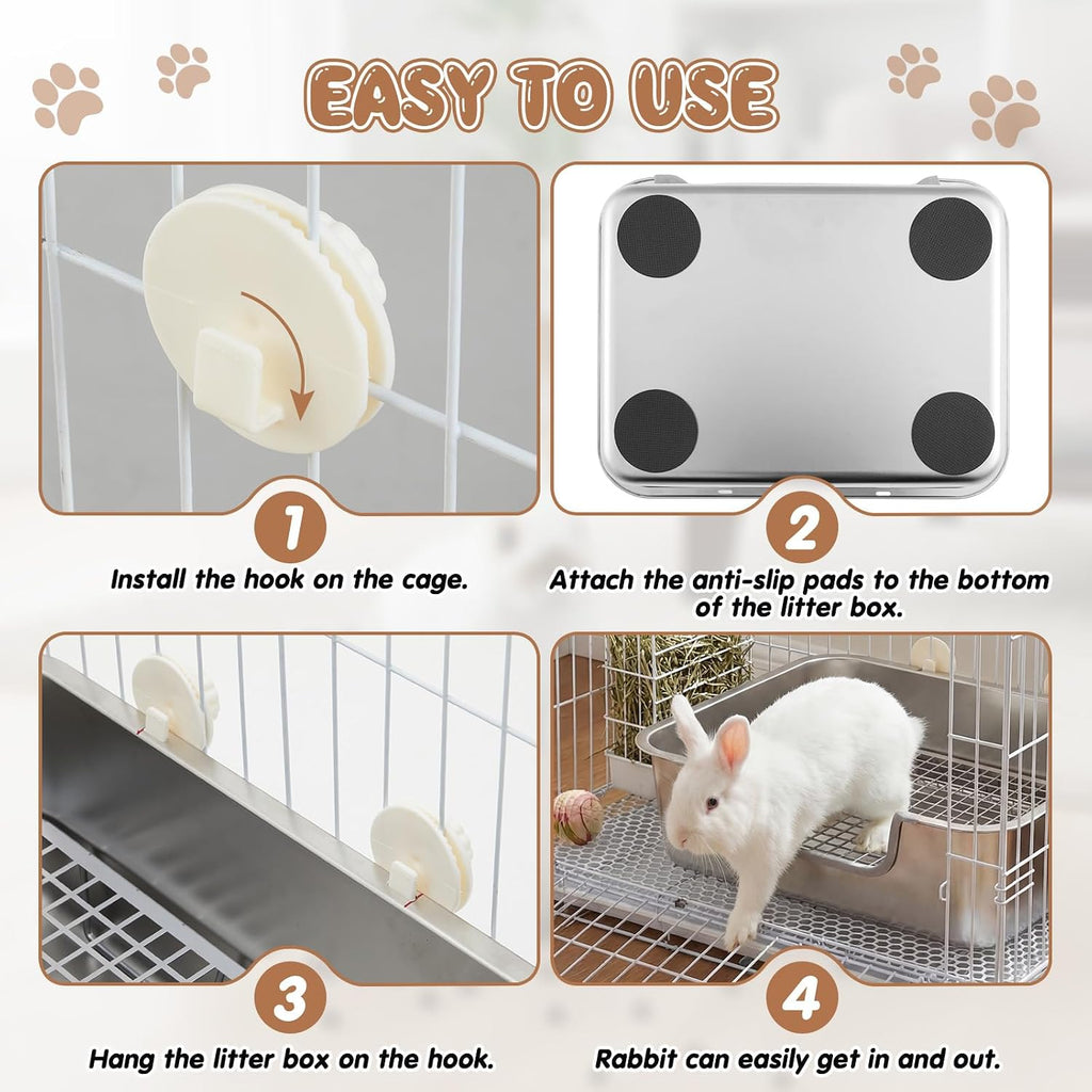 2 Pcs Rabbit Litter Box, XL Stainless Steel Bunny Litter Box with Grid&hook
