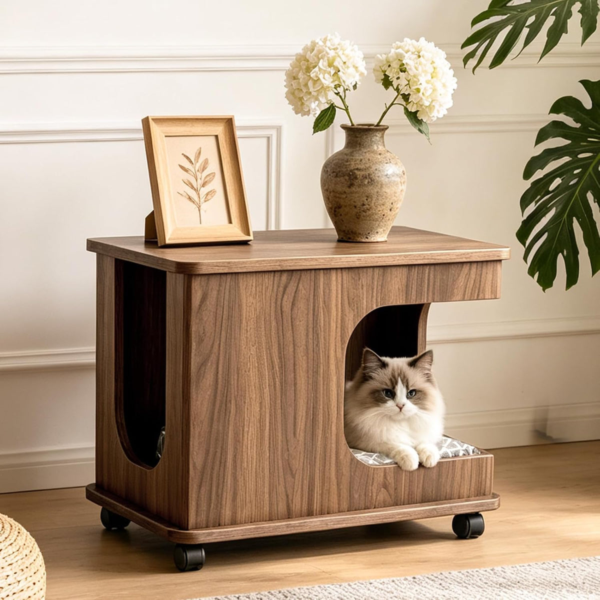 Wooden Cat Bed Side Table 2-in-1, Elevated Cat Hideaway Cave House with Cushion, Sturdy Pet End Table Furniture for Indoor Cats Bedroom Living Room（Walnut）