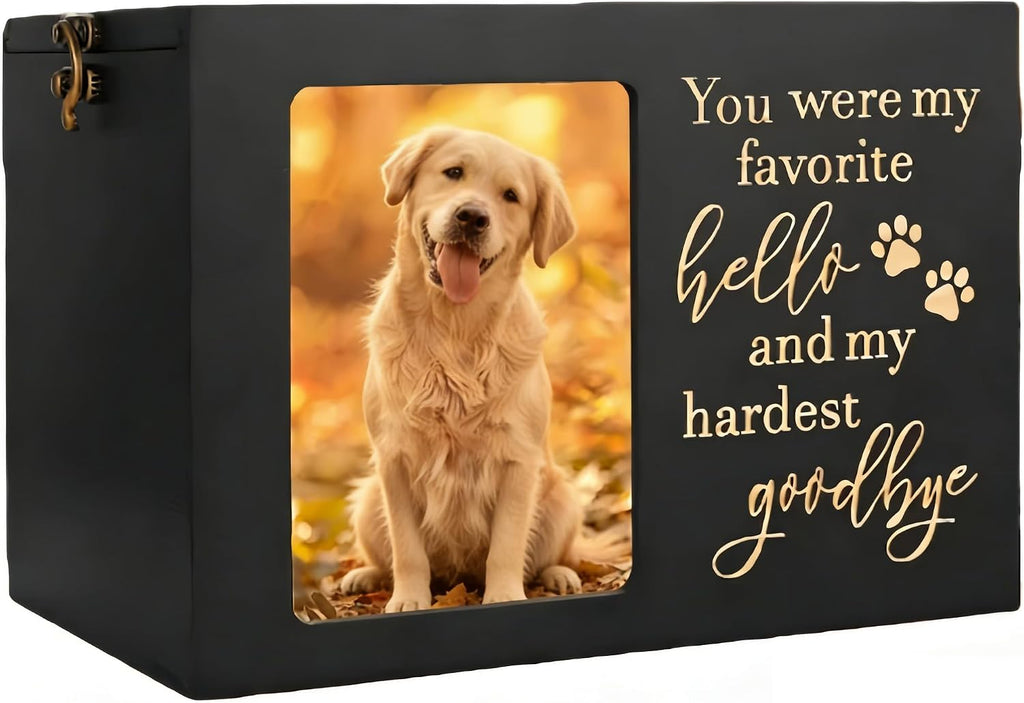 Dog Urn,Pet Urns for Dogs, Up to 80lb Pets,Pet Urn, Dog Urns for Ashes & Cat Urn, Medium Wooden Memorial Box with Photo Frame, Black Flannel Lining