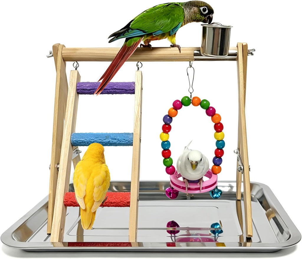 Bird Playstand Exercise Bird Play Perch Ladder with Feeder Cups Swing Toys