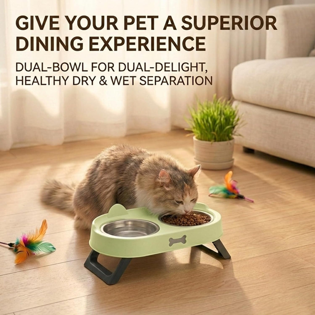 Elevated Cat Bowls with Foldable Stand, Anti Vomiting Raised Cat Food and Water Bowl Set, 2 Stainless Steel Dishes for Cats and Puppies, Splash Proof Non-Slip Neck Protection Pet Feeder (Green)