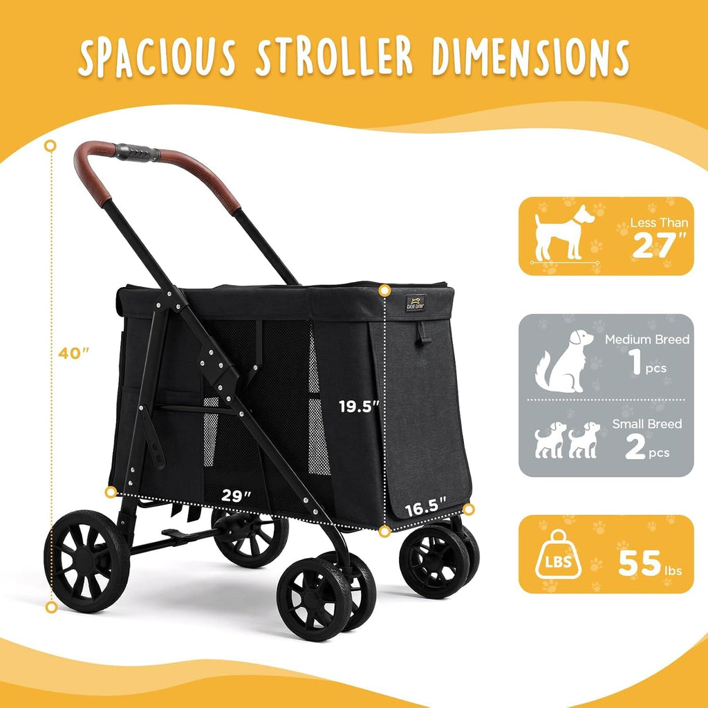 CANINE CANYON Scout Pet Stroller, Heavy Duty Dog Stroller for Large & Medium Dogs, Foldable Pet Stroller for 2 Small Dogs with All-Terrain Wheels, Storage Pocket & Cup Holder, 55 lbs Capacity, Black