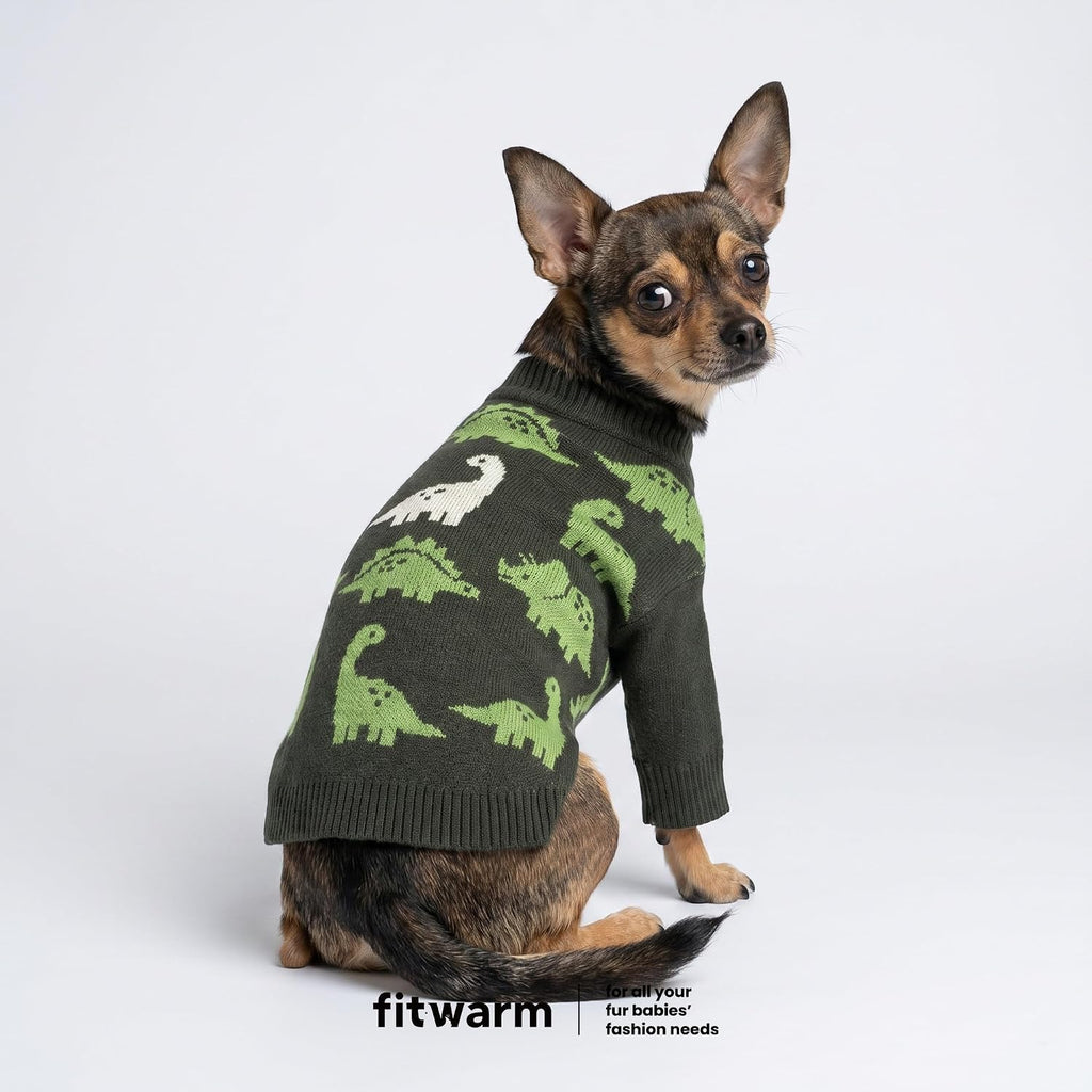 Fitwarm Dinosaur Dog Jacquard Sweater, Knitted Winter Clothes for Small Dogs Boy Girl, Cozy Pet Outfit, Dark Green, Olive, White, Medium