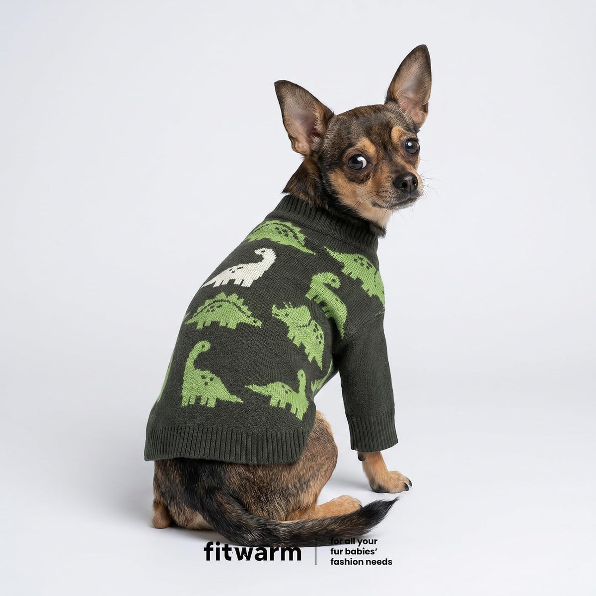 Fitwarm Dinosaur Dog Jacquard Sweater, Knitted Winter Clothes for Small Dogs Boy Girl, Cozy Pet Outfit, Dark Green, Olive, White, Medium