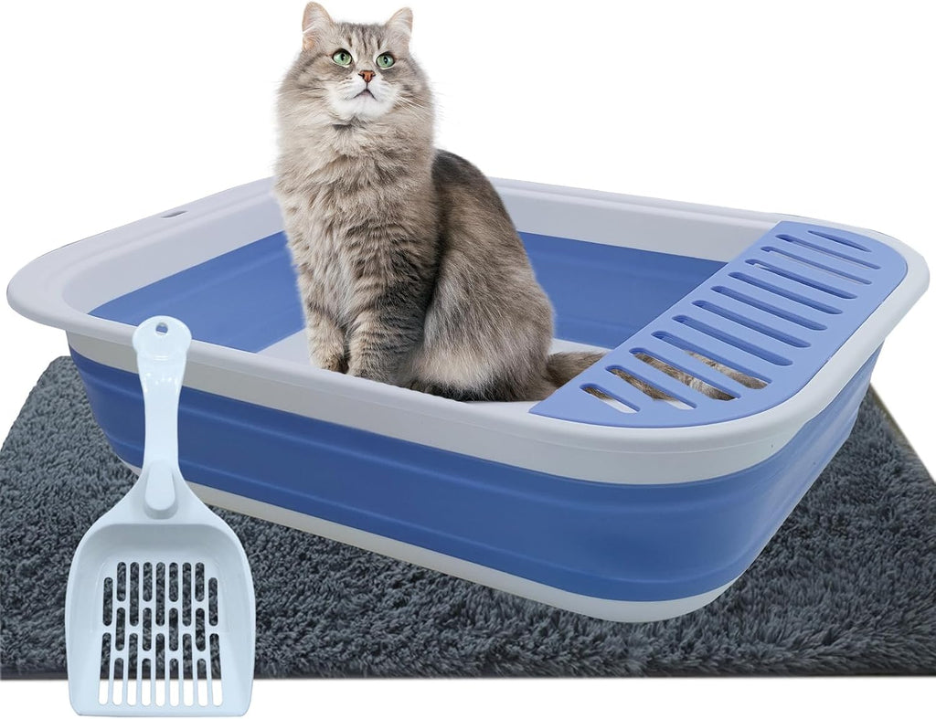 Collapsible Small Cat Litter Box,Open Top Cats Litter Pan with Scoop Waterproof & Foldable Kitten Potty Toilet Anti-Splashing Low Entry Kitty Travel Litter Tray Semi-Enclosed Easy Clean(Gray)