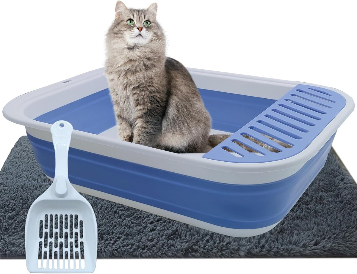 Collapsible Small Cat Litter Box,Open Top Cats Litter Pan with Scoop Waterproof & Foldable Kitten Potty Toilet Anti-Splashing Low Entry Kitty Travel Litter Tray Semi-Enclosed Easy Clean(Gray)