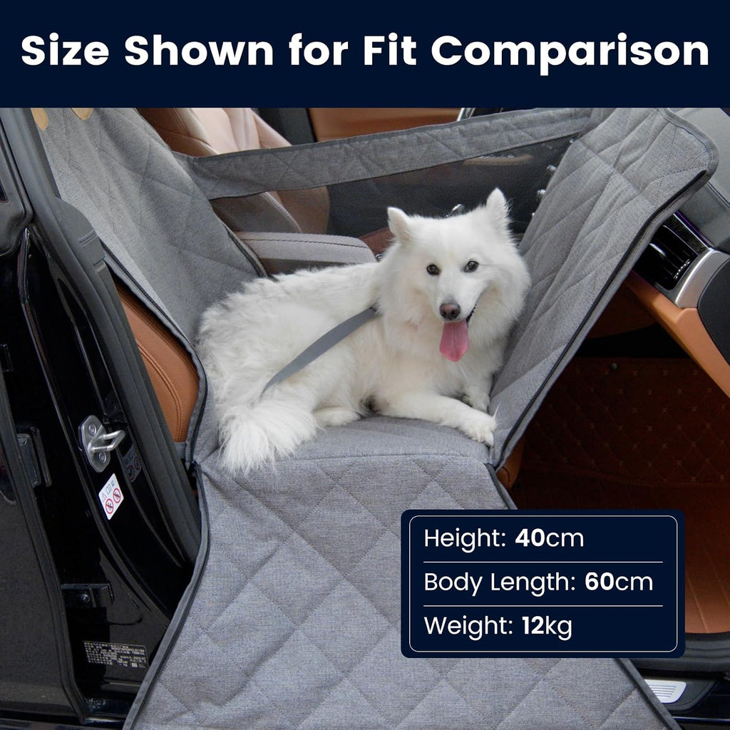 Front Seat Dog Car Seat for Small/Medium Dogs with Door Protection – Full Coverage Waterproof Pet Booster Seat with Mesh Window, Zippered Side Flaps, Safety Buckle, Grey Linen Fabric