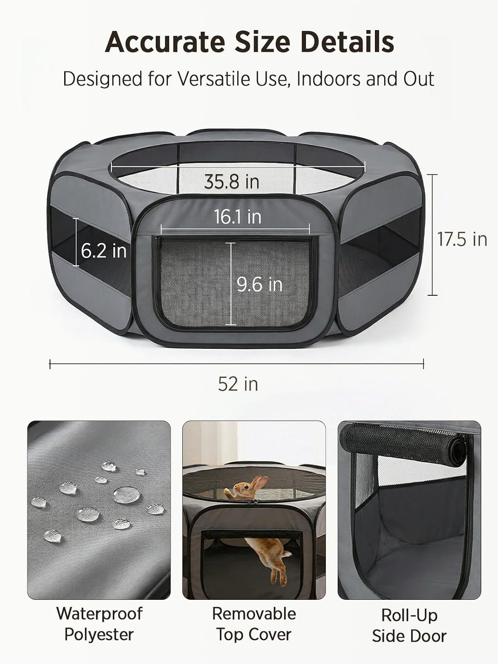 UWE Extra Large Small Animal Playpen, Waterproof Foldable Pet Pen,Dark Grey