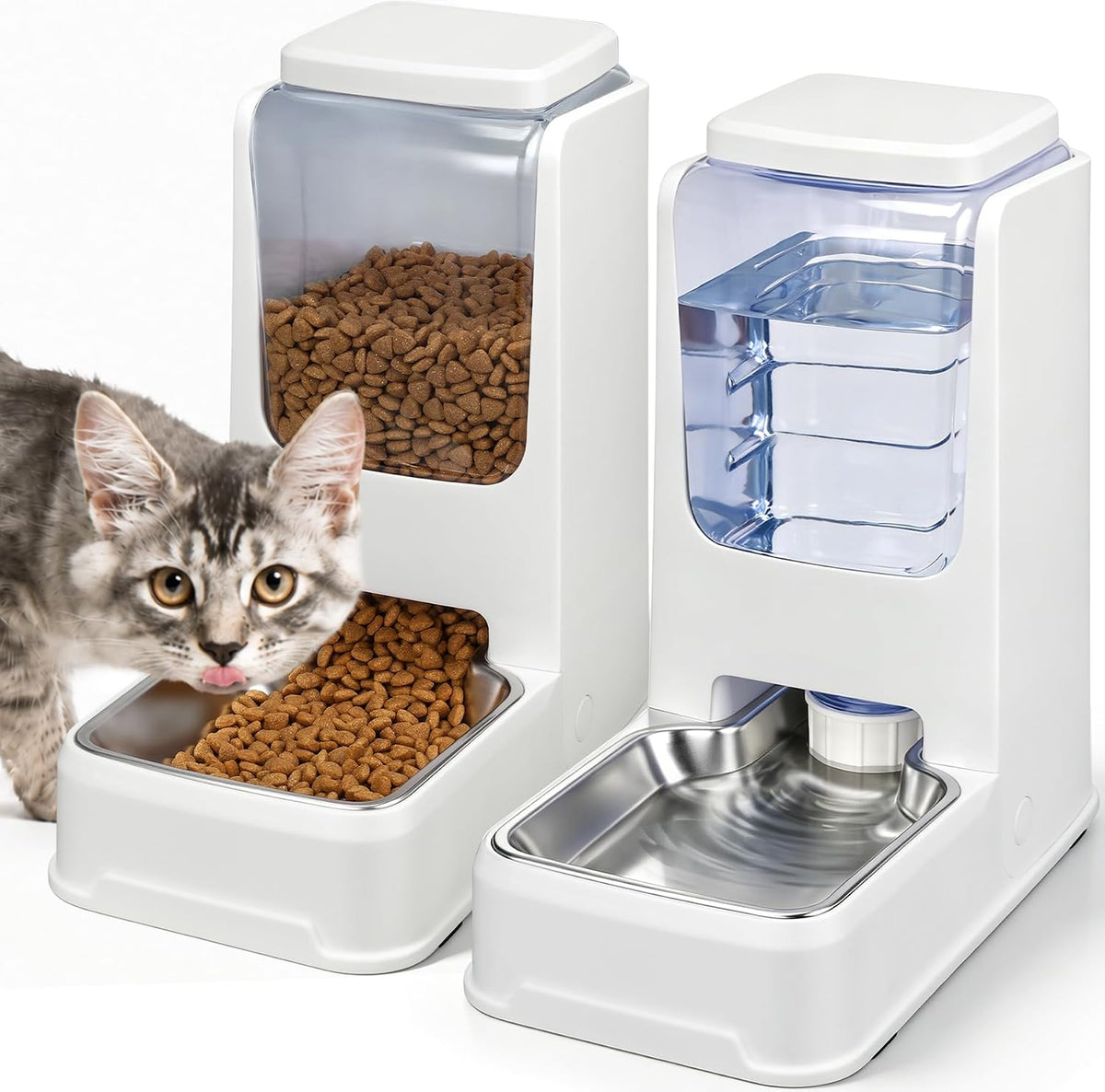 Automatic Cat Feeder and Water Dispenser Set with Dog Stainless Steel Feed Bowl Pet Gravity Self Feeding and Waterer Large Capacity for Small Medium Large Dogs Puppy Kitten 2 Pack Grey