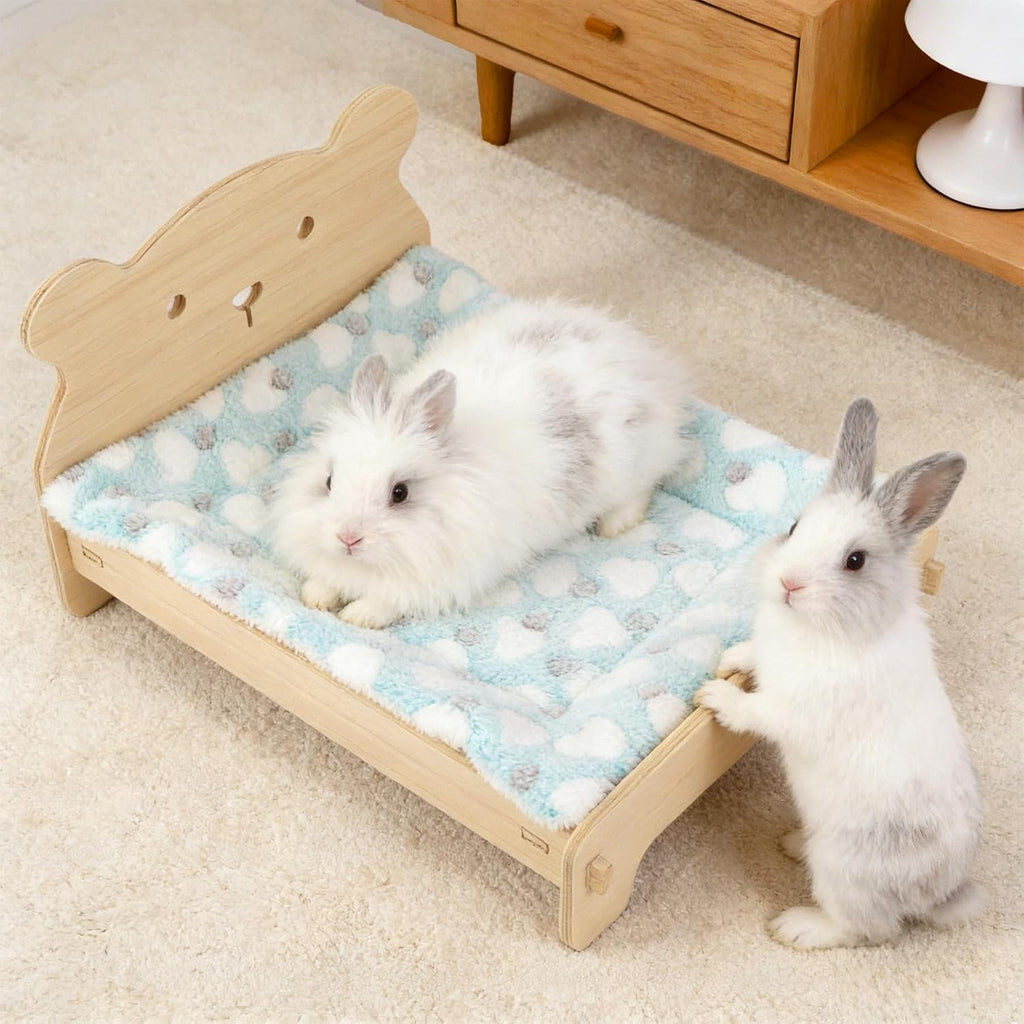 Wooden Bunny Bed with Soft Mat, Cute Pet Bed for Rabbits, Cats, Guinea Pigs Puppy Hamster Small Animal Sleeping, Cozy Warm 19.5"x 15.5" Suitable for Pets Under 20 lbs