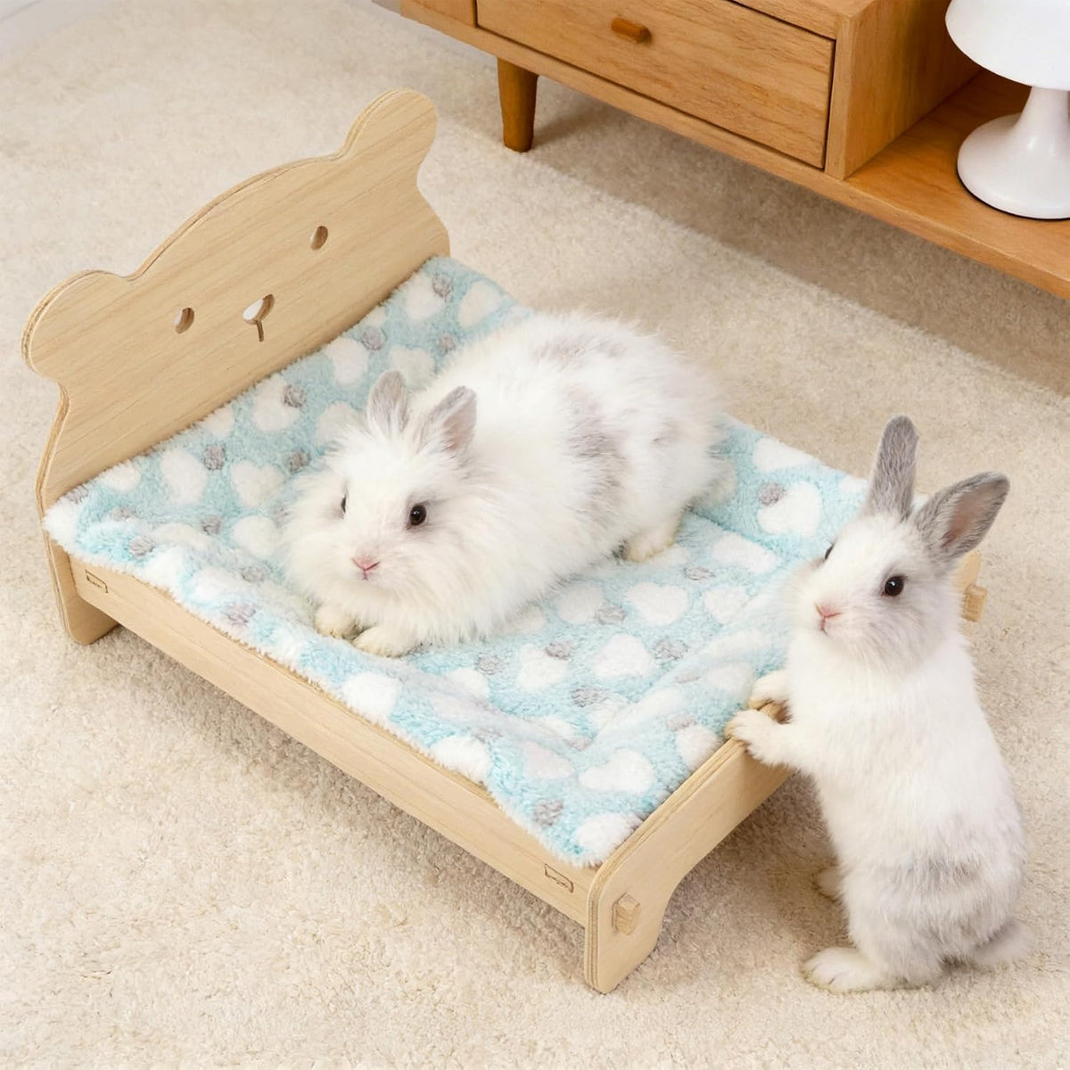 Wooden Bunny Bed with Soft Mat, Cute Pet Bed for Rabbits, Cats, Guinea Pigs Puppy Hamster Small Animal Sleeping, Cozy Warm 19.5"x 15.5" Suitable for Pets Under 20 lbs