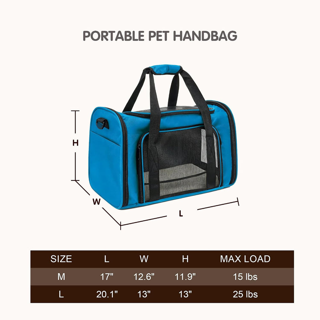 Soft Sided cat Carrier Bag Breathable Mesh Cat Dog Travel Carrier with Hand & Adjustable Crossbody Shoulder Strap (Blue, 17.0''L × 12.6‘’W × 11.9‘’H)