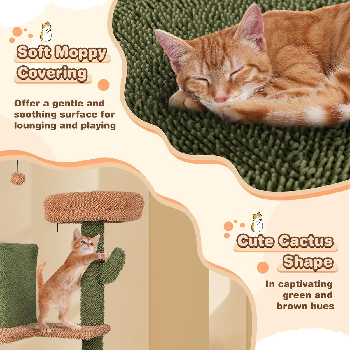 Tangkula Cactus Cat Tree, 63 Inch Tall Cat Tower with Sisal Scratching Posts, 2 Perches, 2 Cat Condos, Hammock, 2 Balls, Ramp, Washable Cushions, Green Cute Cat Tree Tower for Indoor Cats